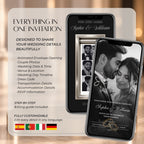 Black and gold wedding video invitation with photo booth design, customizable wedding details, RSVP, programme and venue information.