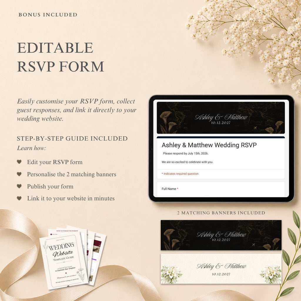 Elegant black and gold wedding website template with destination wedding details.