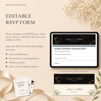 Elegant black and gold wedding website template with destination wedding details.