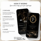 How it works guide for the black and gold wedding website explaining personalization, publishing and sharing with guests.