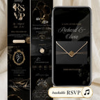 Black and gold wedding website invitation with elegant envelope opening, wedding details, music, live countdown and online RSVP.