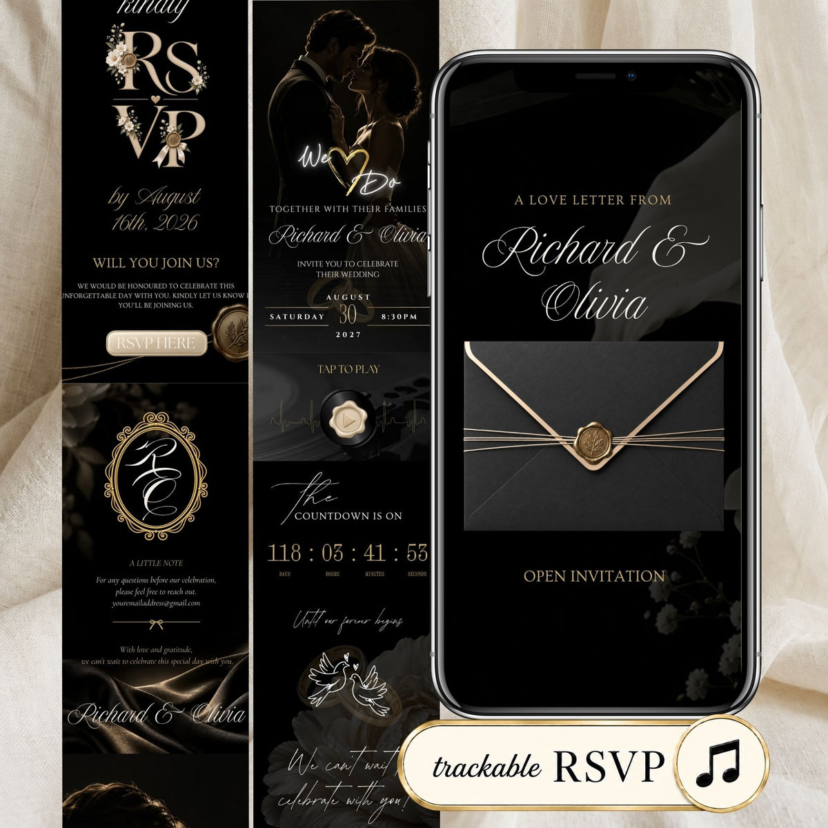 Black and gold wedding website invitation with elegant envelope opening, wedding details, music, live countdown and online RSVP.