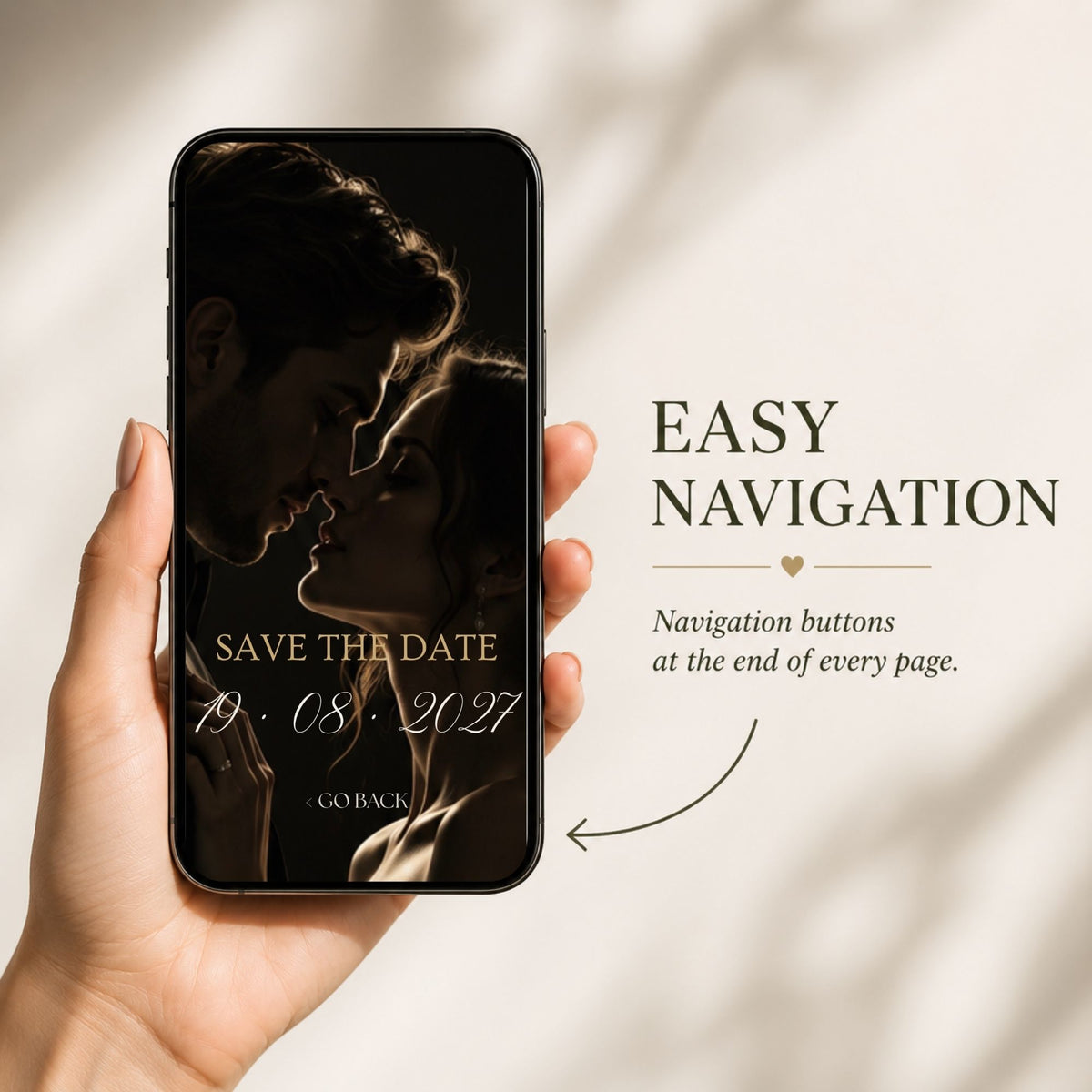 Black and gold wedding website shown on a mobile phone with easy navigation throughout the interactive digital invitation.