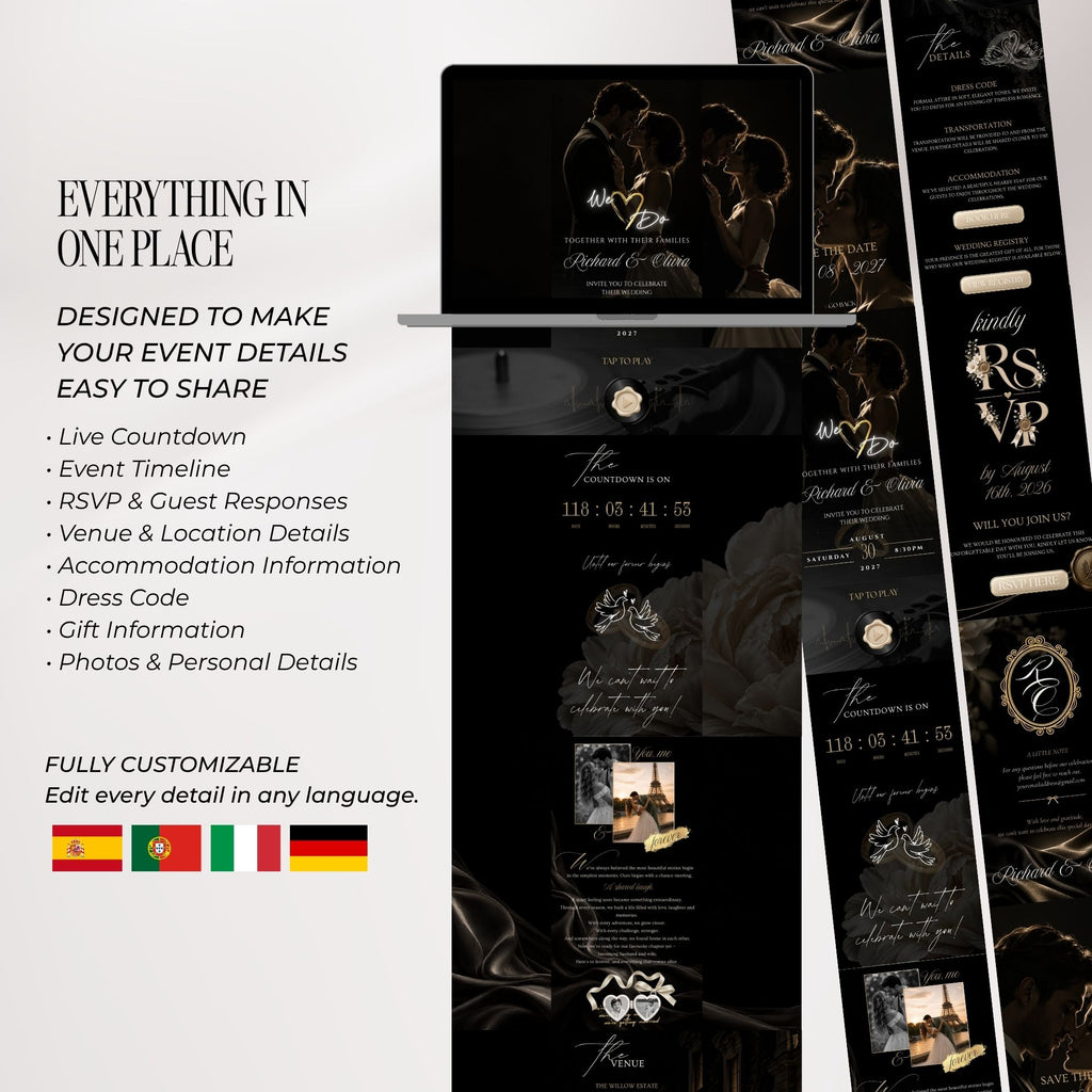 Black and gold wedding website showing editable sections for invitation, venue, countdown, programme, photos and guest information.