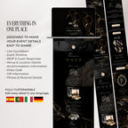 Black and gold wedding website showing editable sections for invitation, venue, countdown, programme, photos and guest information.