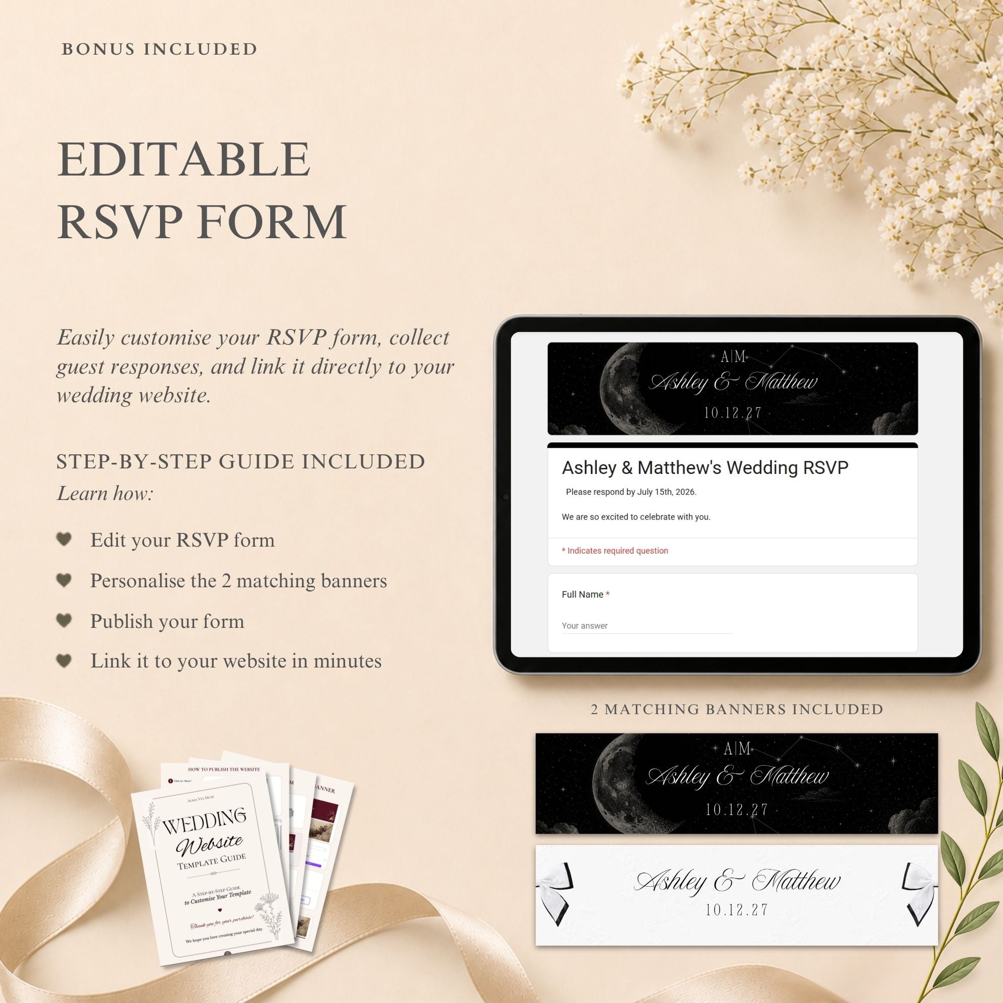 Black and ivory lace wedding invitation website displayed on desktop and mobile