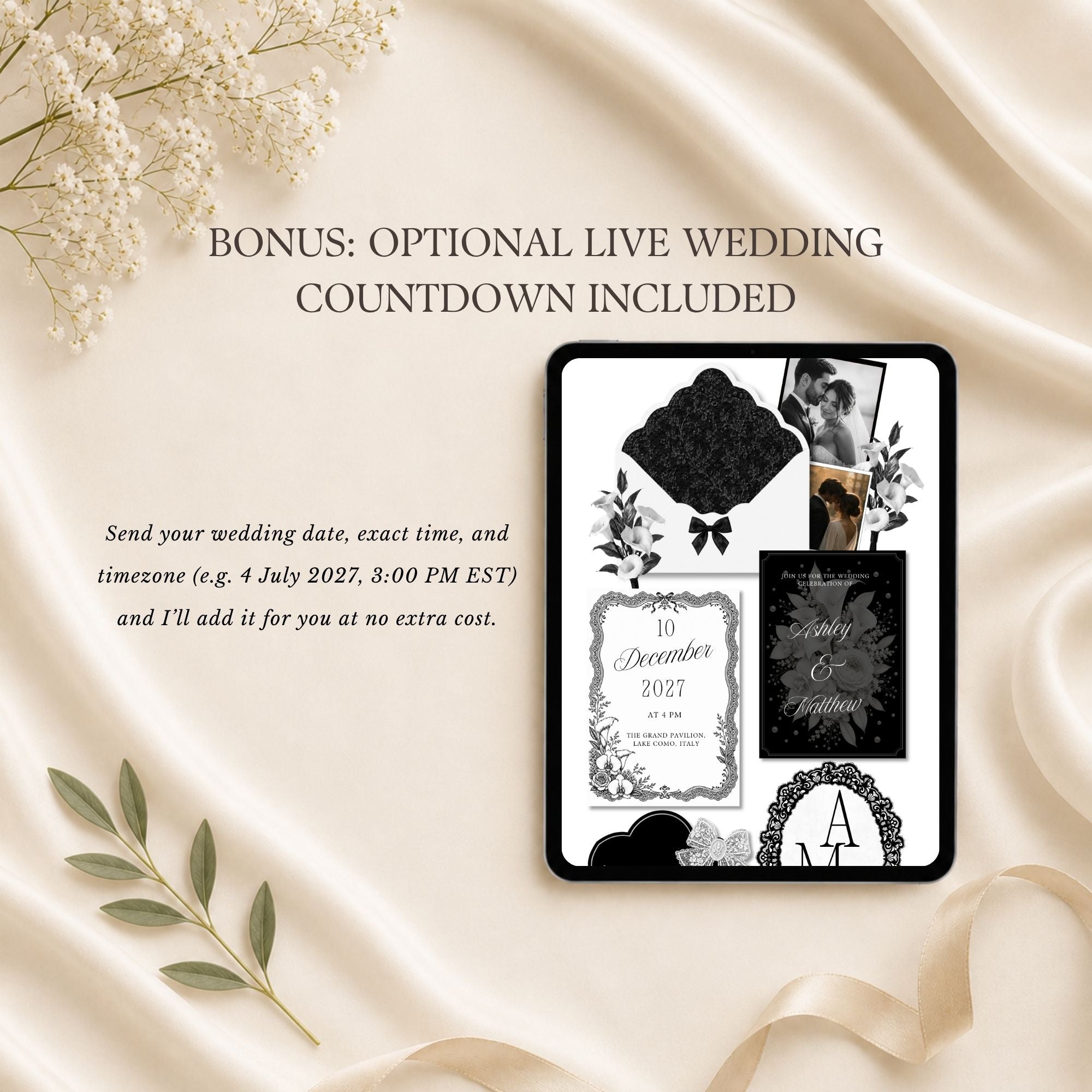 Editable wedding website template featuring wedding details and guest information