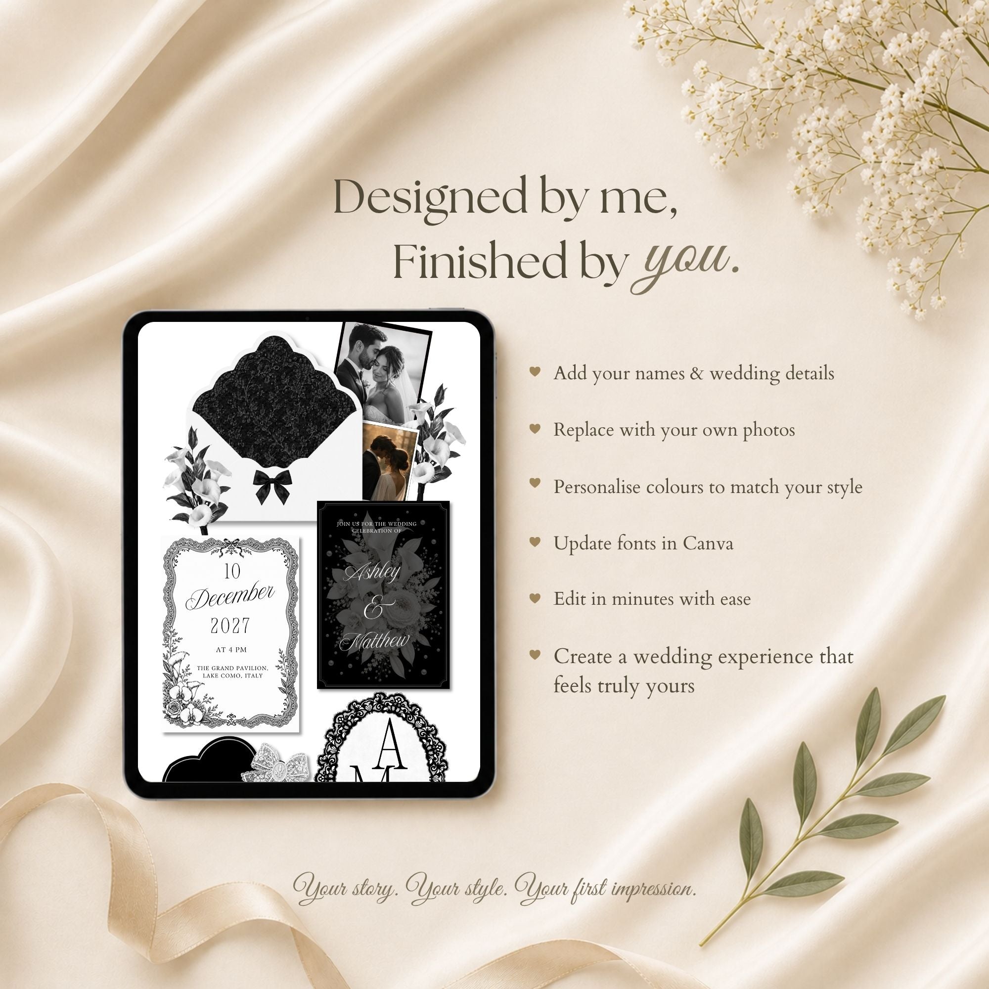 Luxury wedding website template with envelope opening experience and RSVP page