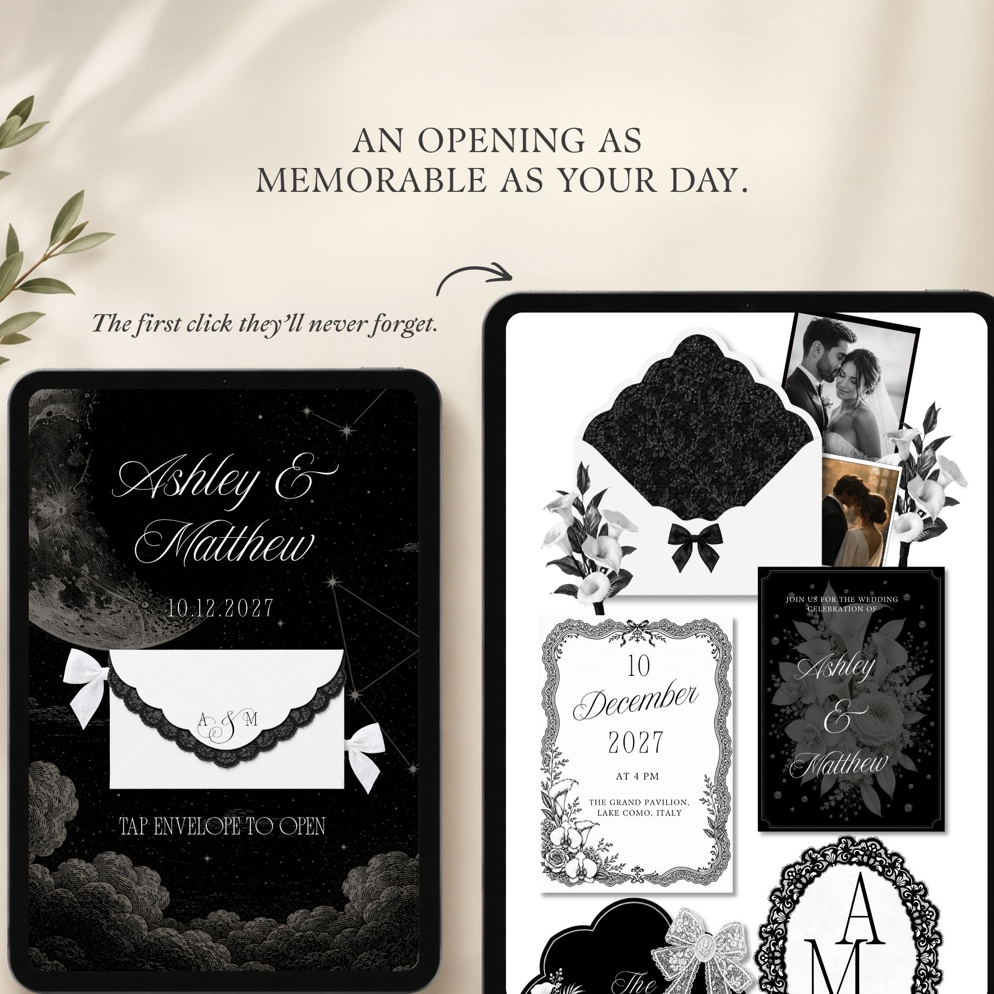 Luxury black and ivory wedding website homepage design with editorial layout