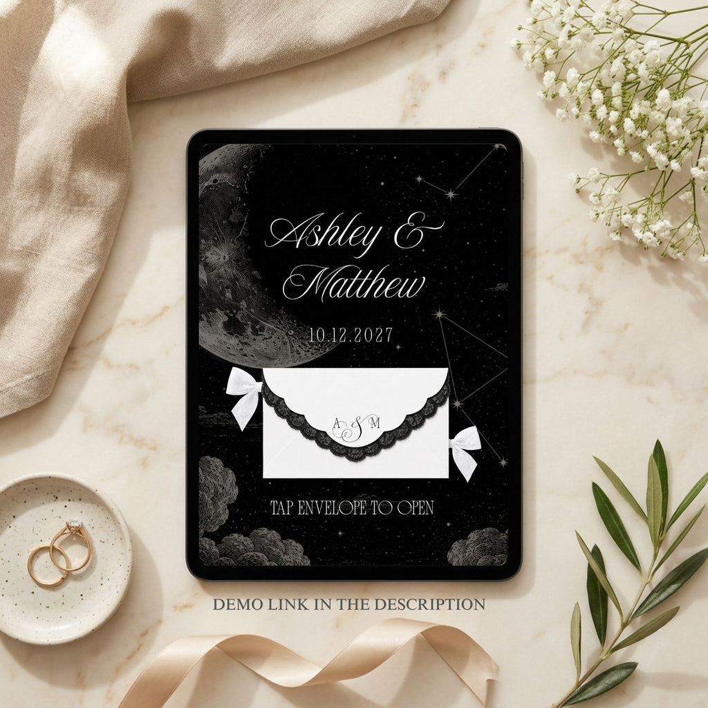 Editorial style wedding website template with customizable Canva pages