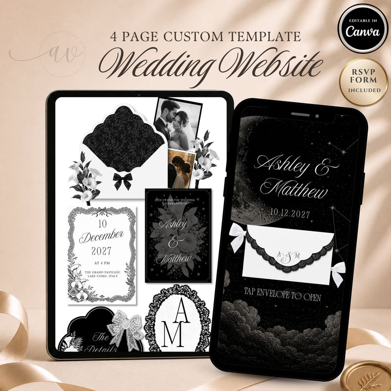 Black and ivory lace wedding website template with envelope opening page