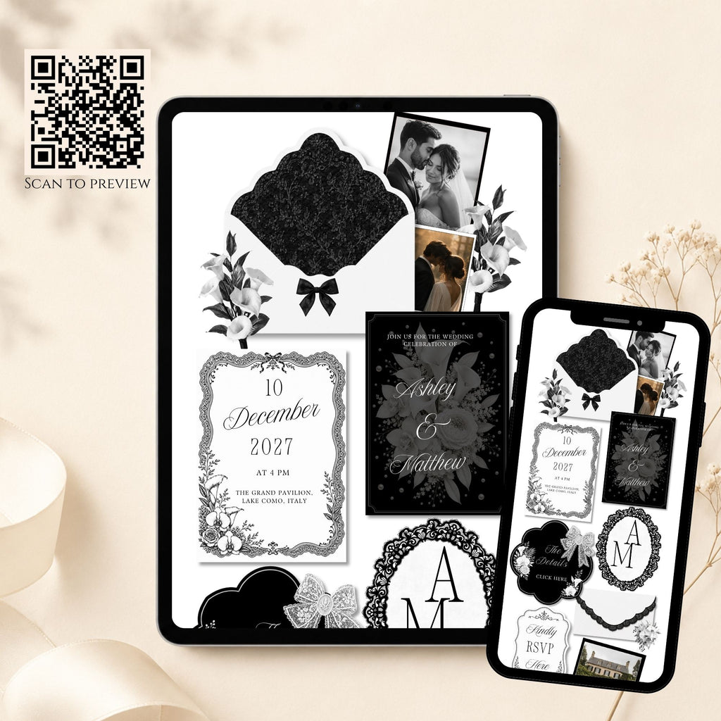 Mobile friendly black and ivory wedding website template editable in Canva