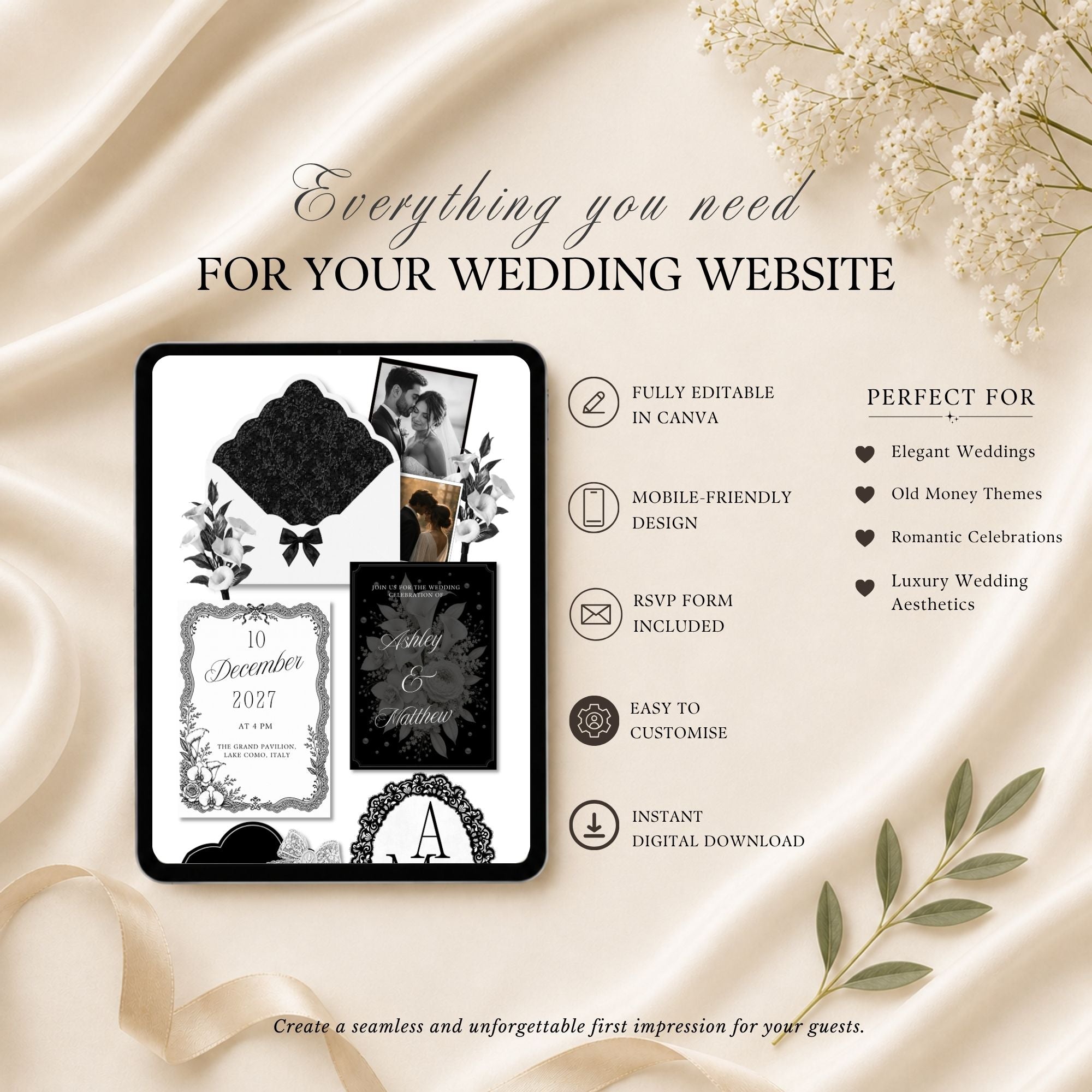 Canva wedding website template with RSVP page, love story page and wedding details