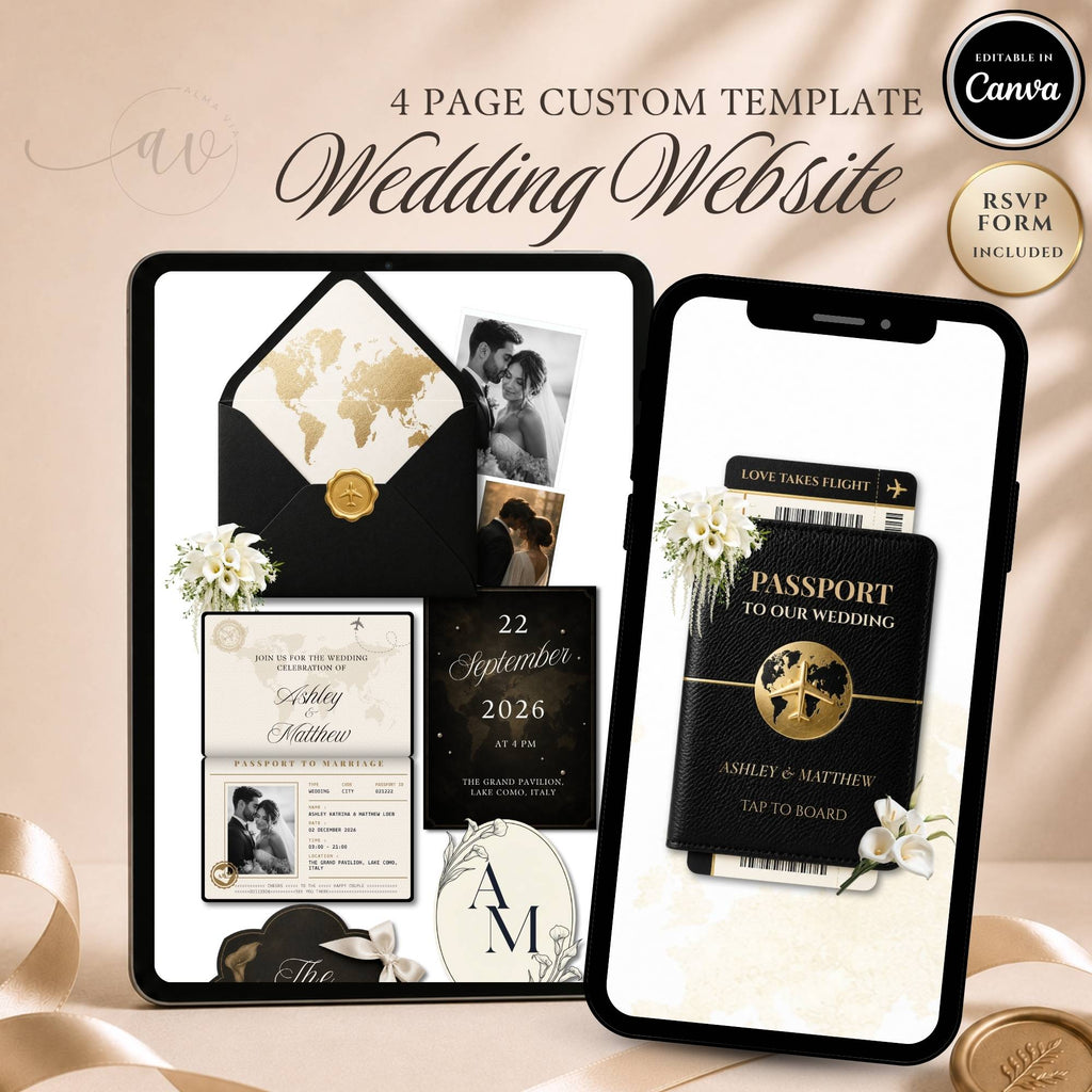 Black passport destination wedding website template displayed on tablet and phone with RSVP page.