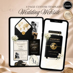 Black passport destination wedding website template displayed on tablet and phone with RSVP page.