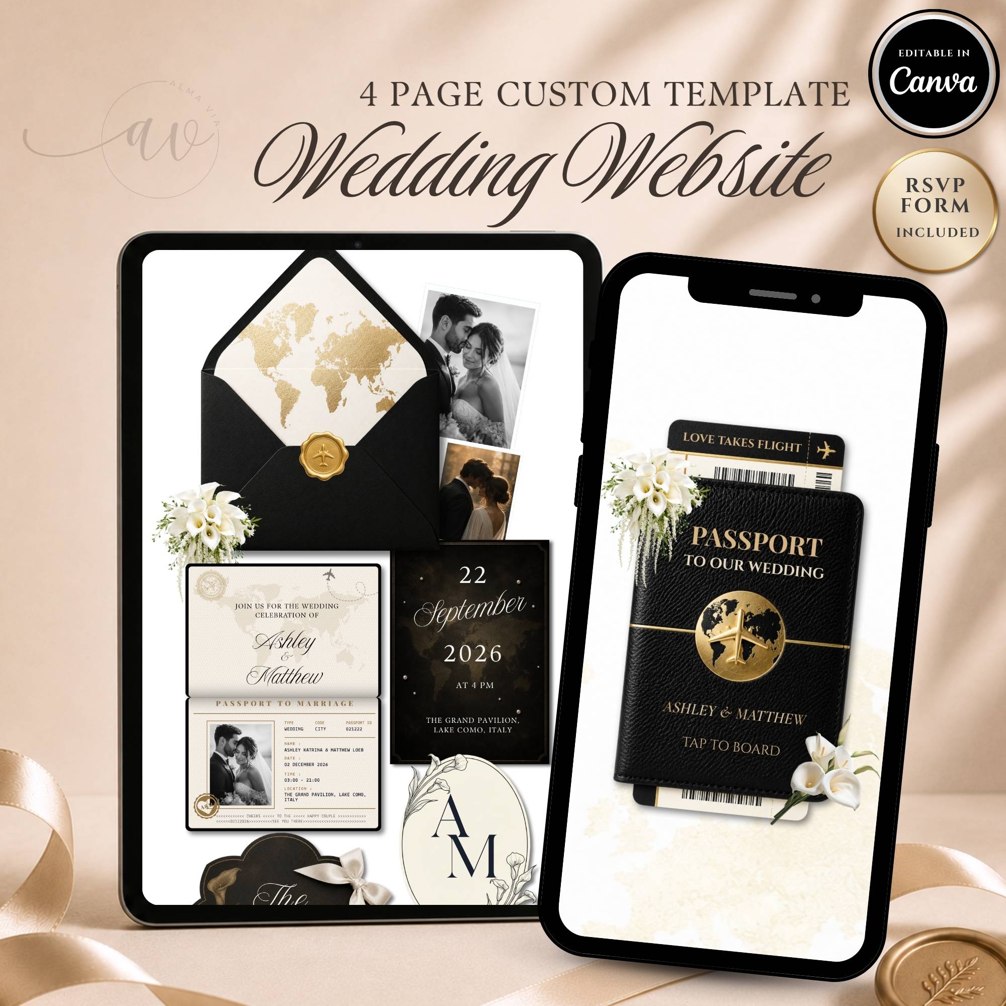 Black passport destination wedding website template displayed on tablet and phone with RSVP page.
