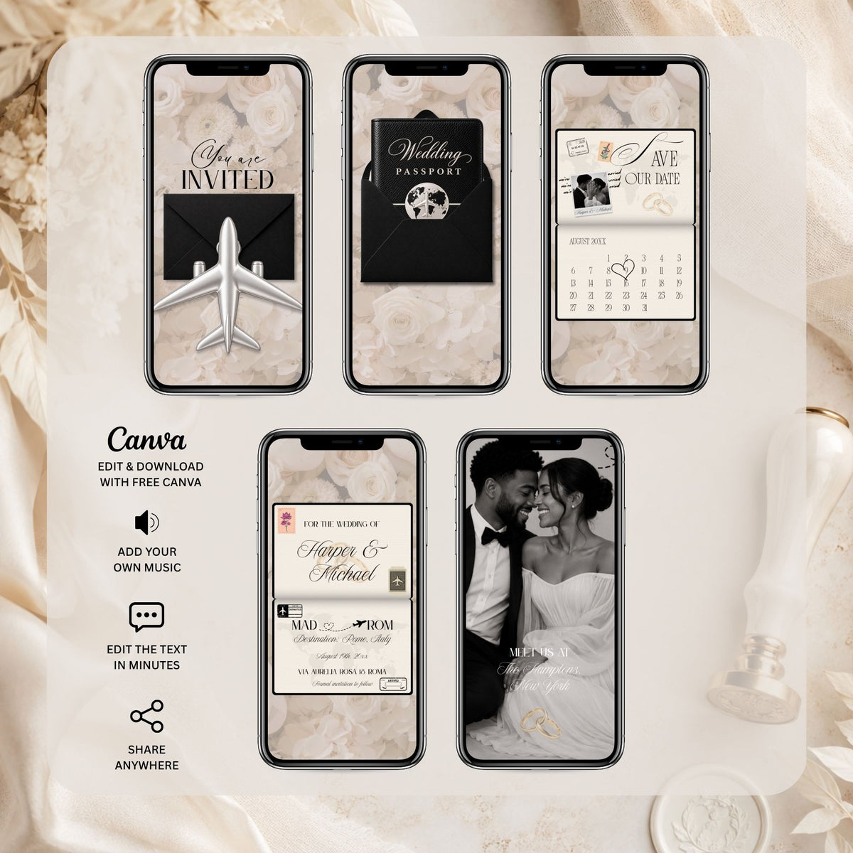 Open wedding passport Save Our Date page with black and white couple Polaroid, travel stamps, wedding rings and heart-marked wedding calendar.