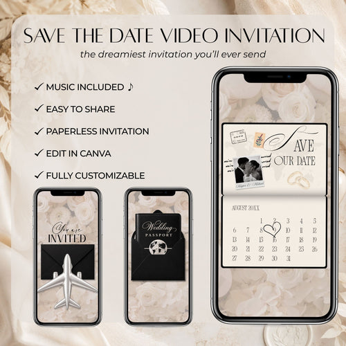 Destination wedding Save the Date passport opened to a travel page with couple names, Madrid to Rome airport codes, Rome Italy destination, wedding date and address.