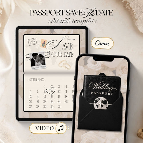 Black passport Save the Date video invitation with elegant Wedding Passport, airplane travel emblem and black envelope for a destination wedding.