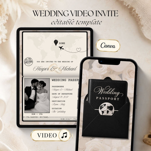 Black passport wedding invitation video displayed on two phones with an elegant destination wedding design, travel details and couple photography.