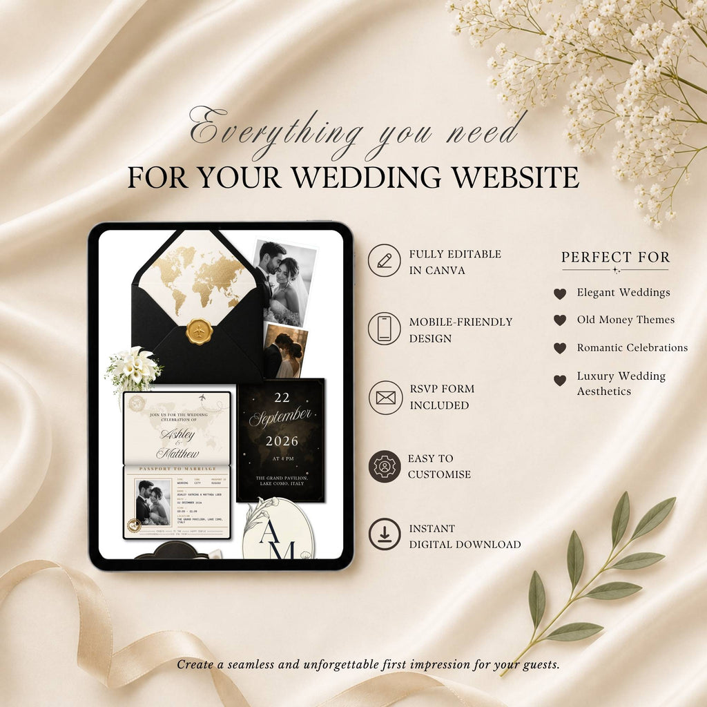 Four-page black passport wedding website template showing home page, RSVP page, and love story page.
