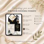 Four-page black passport wedding website template showing home page, RSVP page, and love story page.