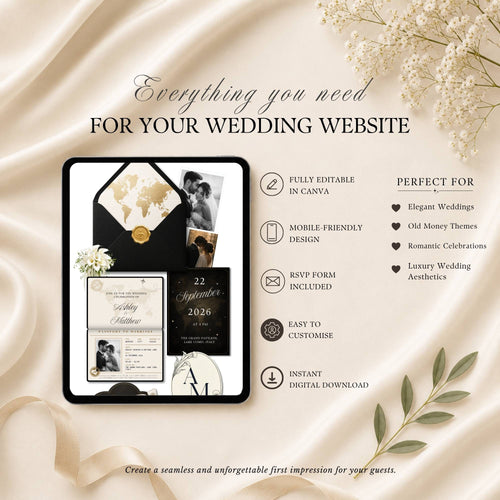 Four-page black passport wedding website template showing home page, RSVP page, and love story page.