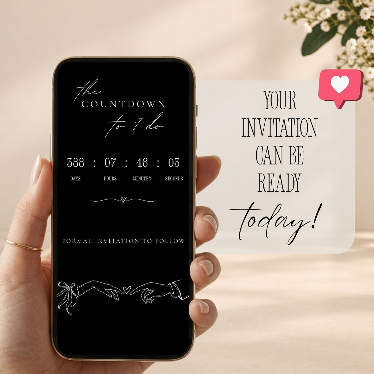 Black tie wedding save the date website featuring a live countdown timer and elegant minimalist design on a mobile phone.