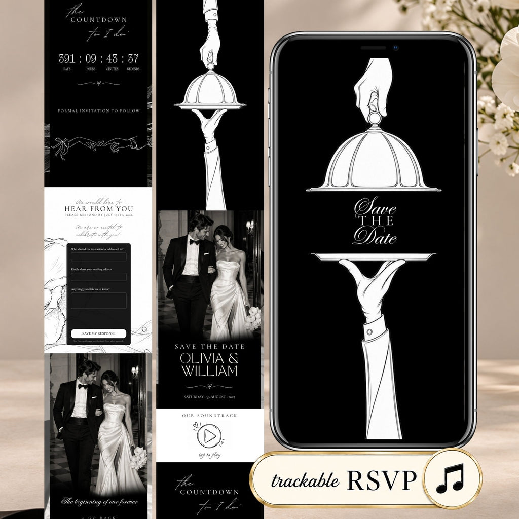 Black tie doodle save the date website template featuring an animated cloche opening, elegant black-and-white design, music, and RSVP.