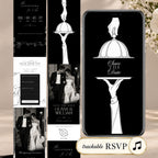 Black tie doodle save the date website template featuring an animated cloche opening, elegant black-and-white design, music, and RSVP.