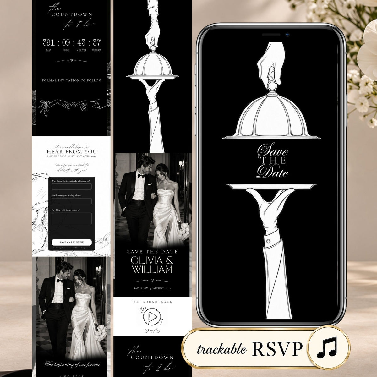 Black tie doodle save the date website template featuring an animated cloche opening, elegant black-and-white design, music, and RSVP.