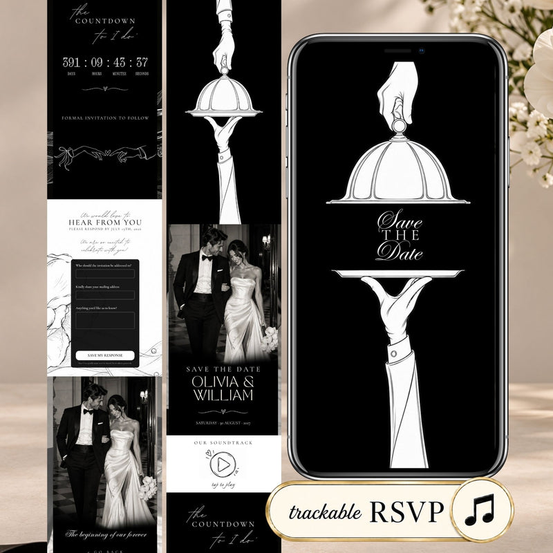Black tie doodle save the date website template featuring an animated cloche opening, elegant black-and-white design, music, and RSVP.
