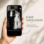 Mobile-friendly black tie save the date website with easy navigation and romantic black-and-white wedding photography.
