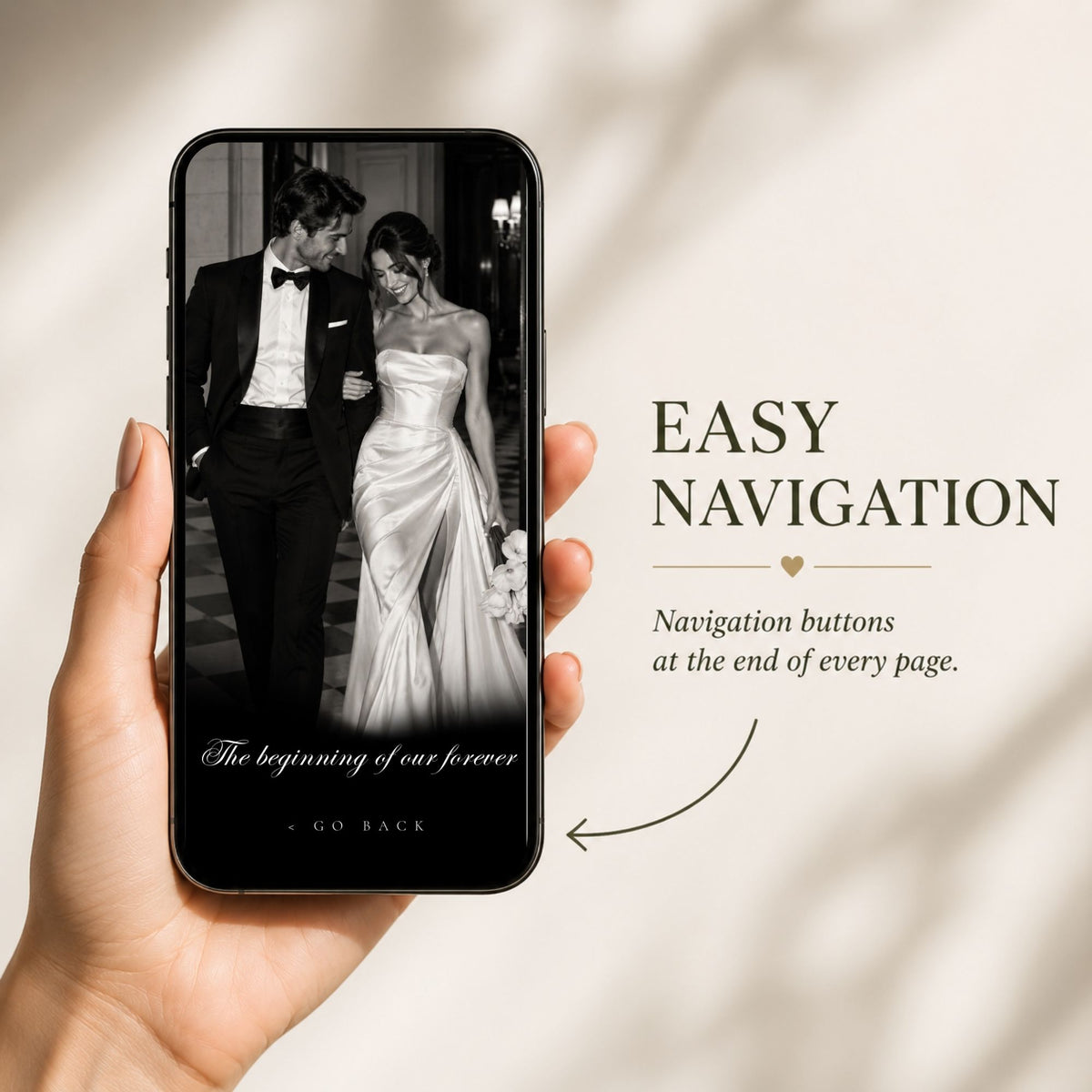 Mobile-friendly black tie save the date website with easy navigation and romantic black-and-white wedding photography.