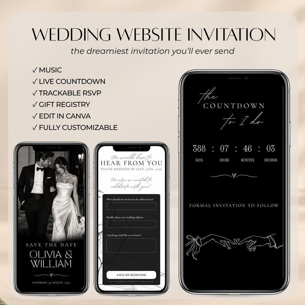Interactive black tie save the date website with wedding countdown, music, editable couple photos, and online RSVP form.