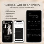 Interactive black tie save the date website with wedding countdown, music, editable couple photos, and online RSVP form.