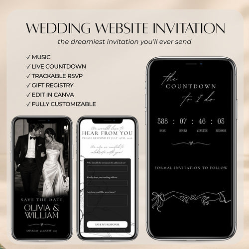 Interactive black tie save the date website with wedding countdown, music, editable couple photos, and online RSVP form.