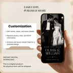 Editable Canva black tie save the date website with customisable names, photos, fonts, colours, RSVP information, and links.