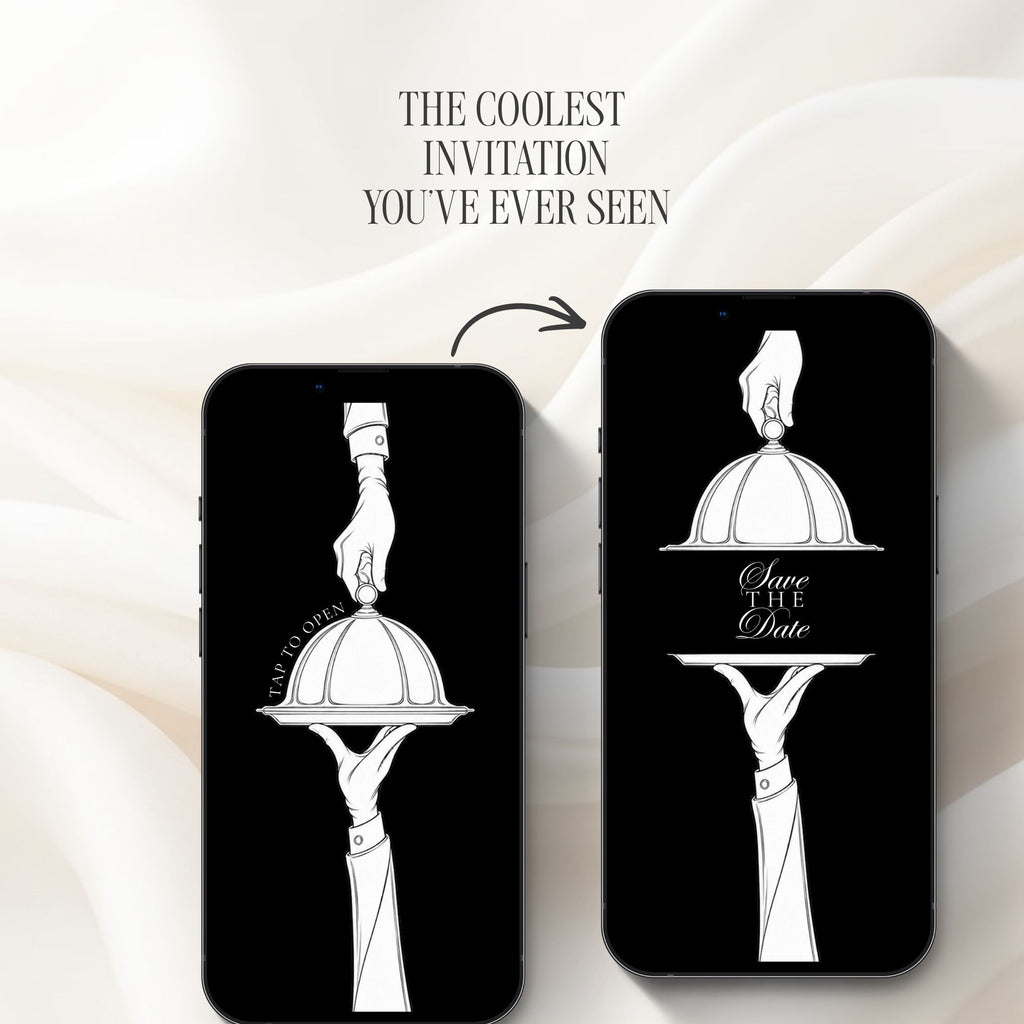 Interactive doodle save the date invitation featuring a black-and-white hand-drawn cloche opening animation.
