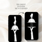 Interactive doodle save the date invitation featuring a black-and-white hand-drawn cloche opening animation.