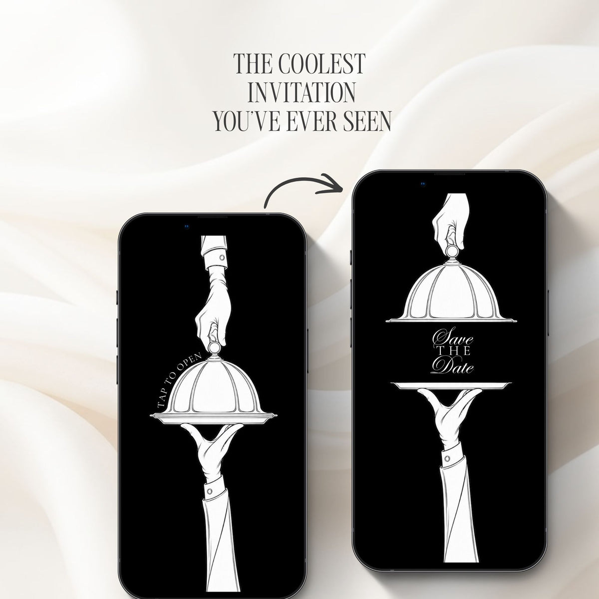 Interactive doodle save the date invitation featuring a black-and-white hand-drawn cloche opening animation.