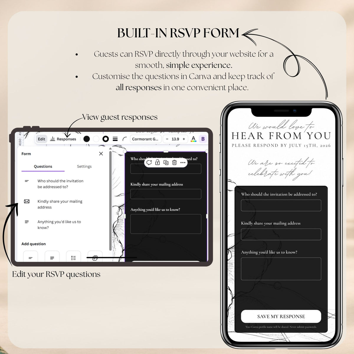 Black tie save the date RSVP website with customisable Google Forms guest response collection and RSVP management.