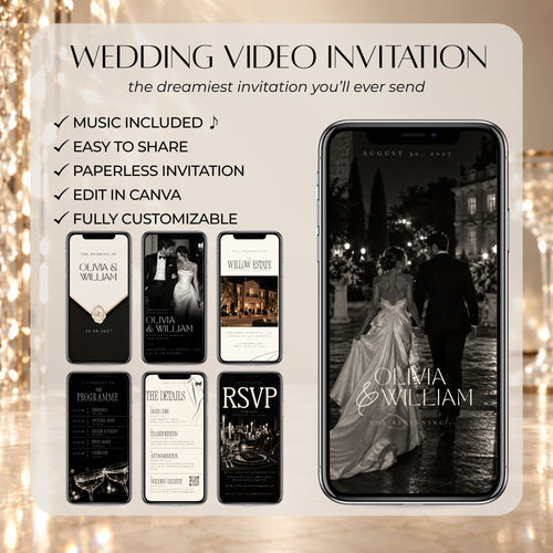 Elegant black tie wedding video invitation showing the full animated Canva design with envelope opening, couple photography, wedding details, programme and RSVP pages.