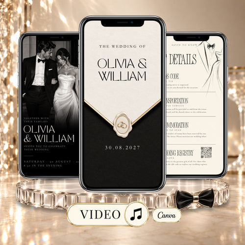 Black tie wedding video invitation displayed on three phones with black and white couple photography, ivory invitation details, wax seal and elegant formal styling.