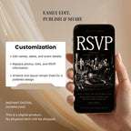 Editable black tie wedding website Canva template with customizable names, dates, event details, photos, links and RSVP information.