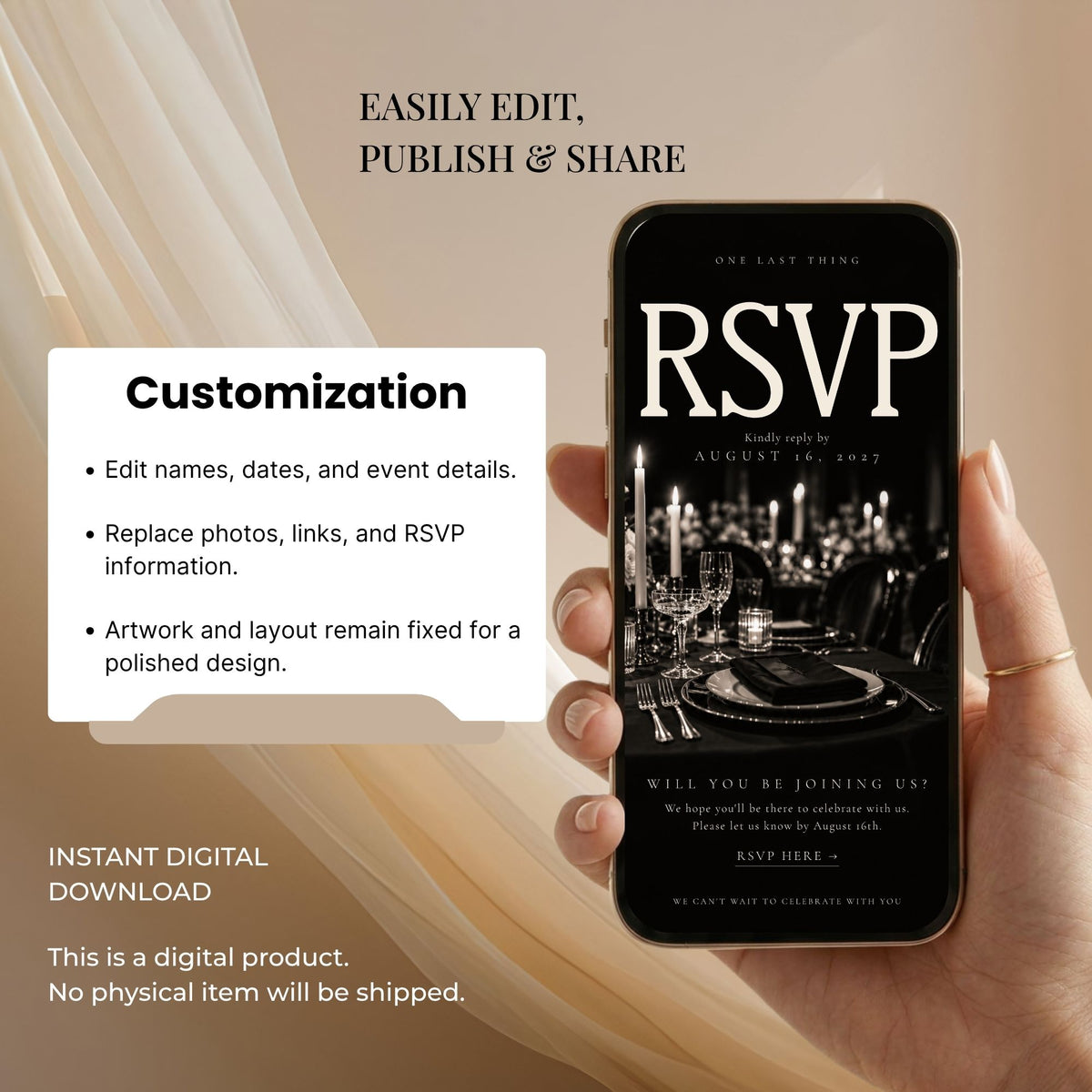 Editable black tie wedding website Canva template with customizable names, dates, event details, photos, links and RSVP information.