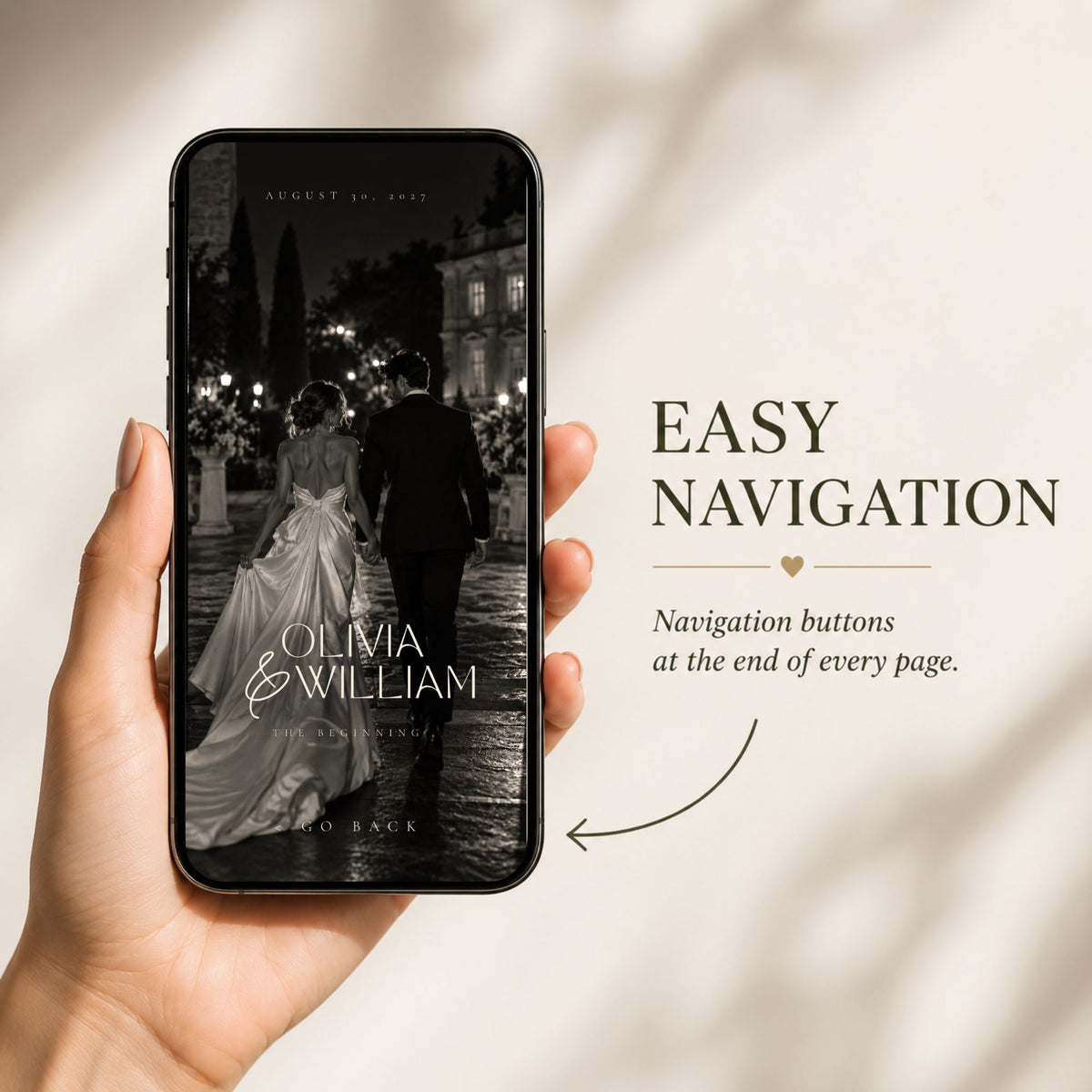 Black tie wedding website shown on a mobile phone with easy navigation buttons throughout the interactive invitation.