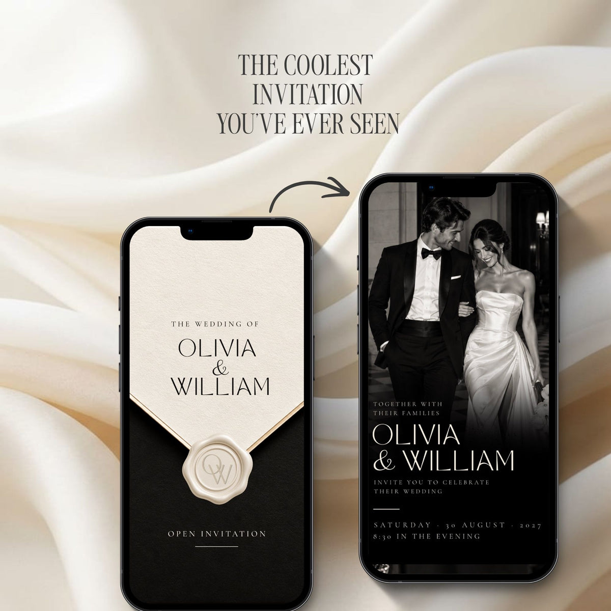 Elegant black tie wedding website with interactive ivory envelope opening and black and white wedding invitation design.