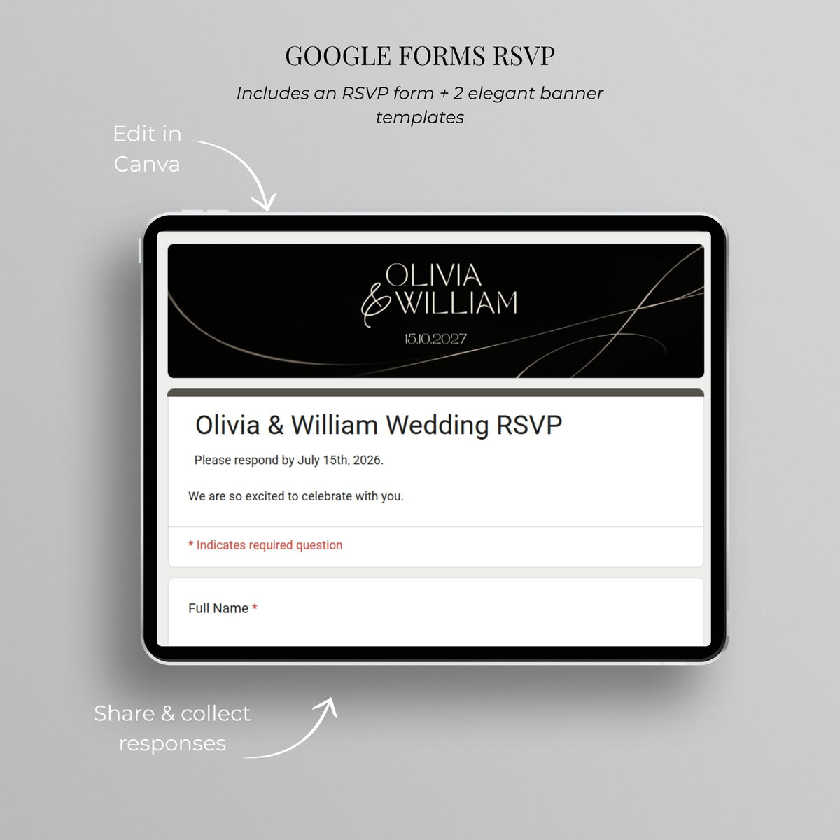 Google Forms RSVP template for black tie wedding website with editable questions and trackable guest responses.