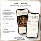How it works guide for the black tie wedding website explaining purchase, personalization, publishing and sharing.